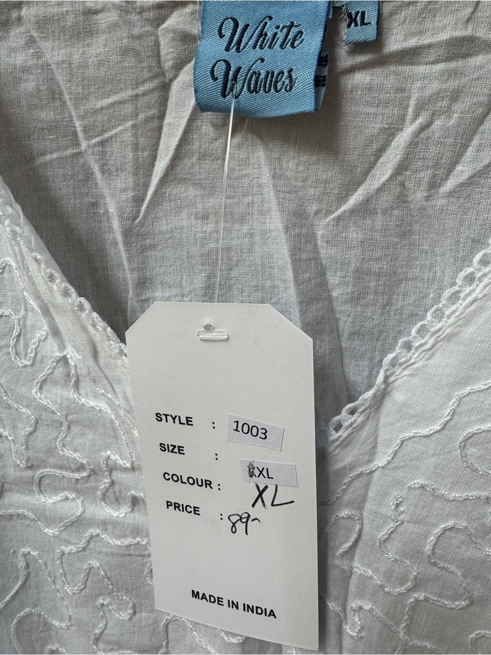 White Cotton V-Neck Embroidered Smocked Waist Sundress - Picture 6 of 7
